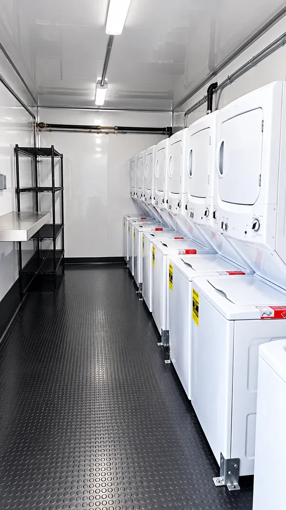 Mobile laundry trailer washer dryer interior