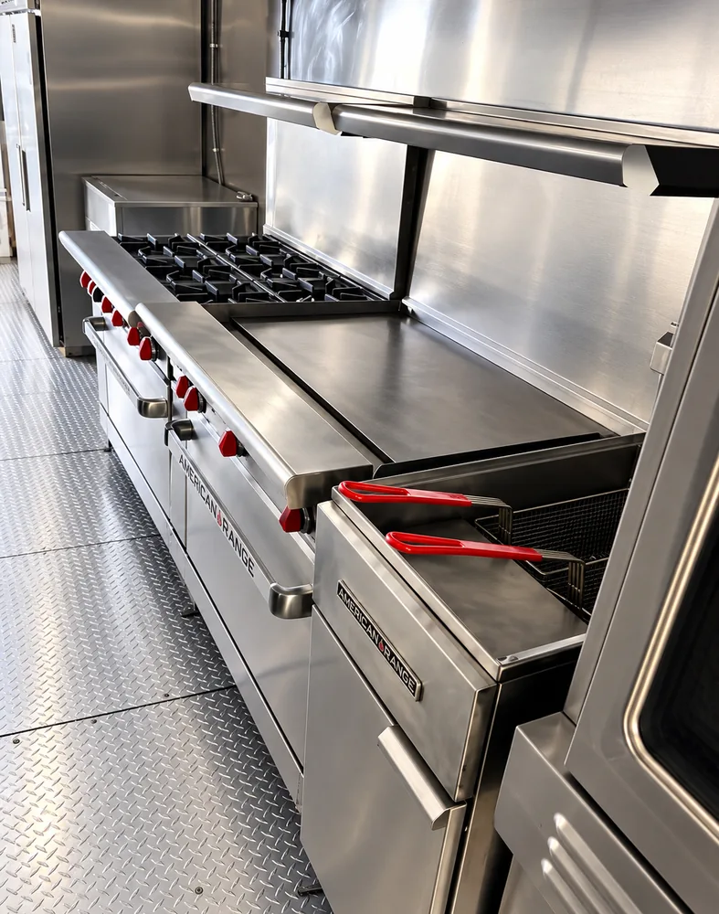 Mobile kitchen trailer range griddle fryer