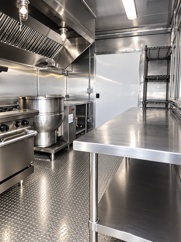 Portable commercial kitchen trailer sinks stacked ovens