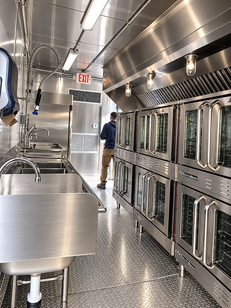 Temporary kitchen trailer stainless steel cooking facility