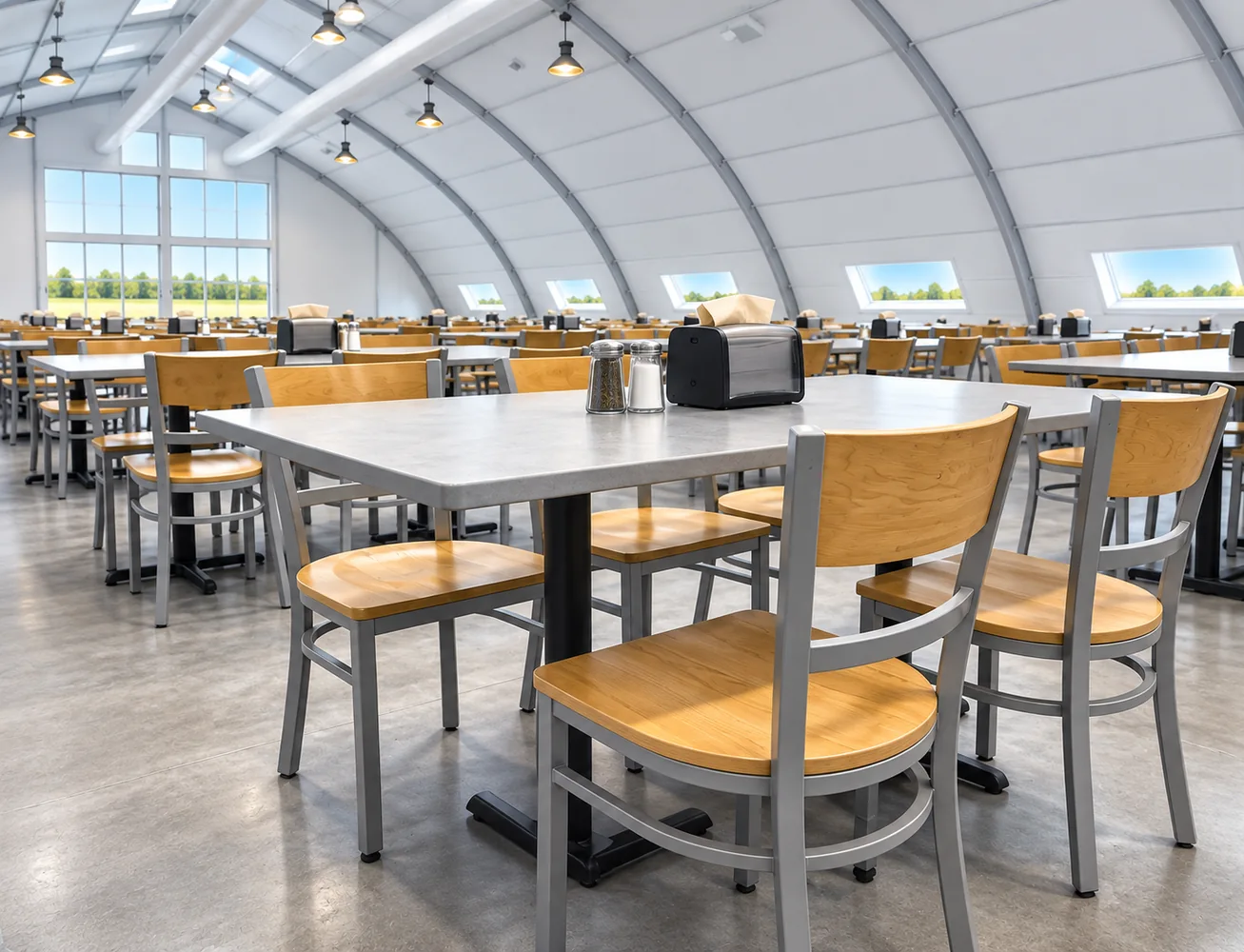Temporary dining hall with tables and chairs