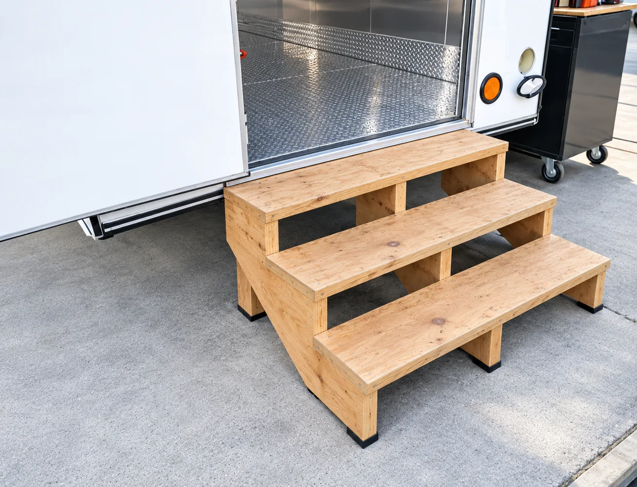 Temporary trailer wood entry steps