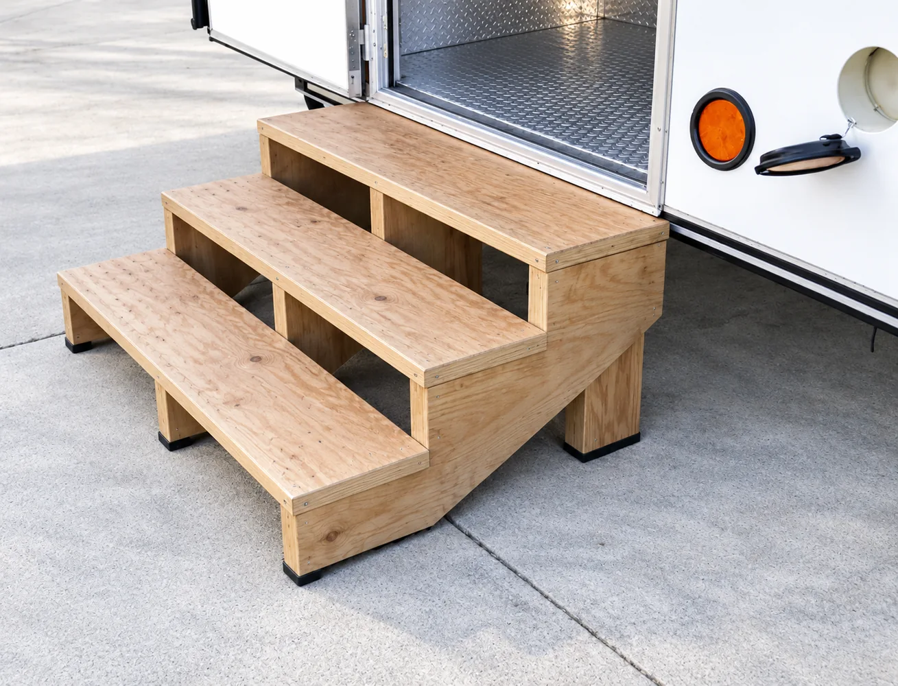 Commercial mobile trailer wood entry stairs